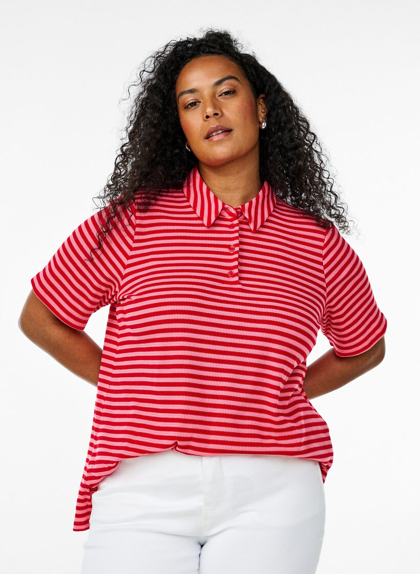 Short sleeve polo shirt with stripes, Pink, Model image number 0