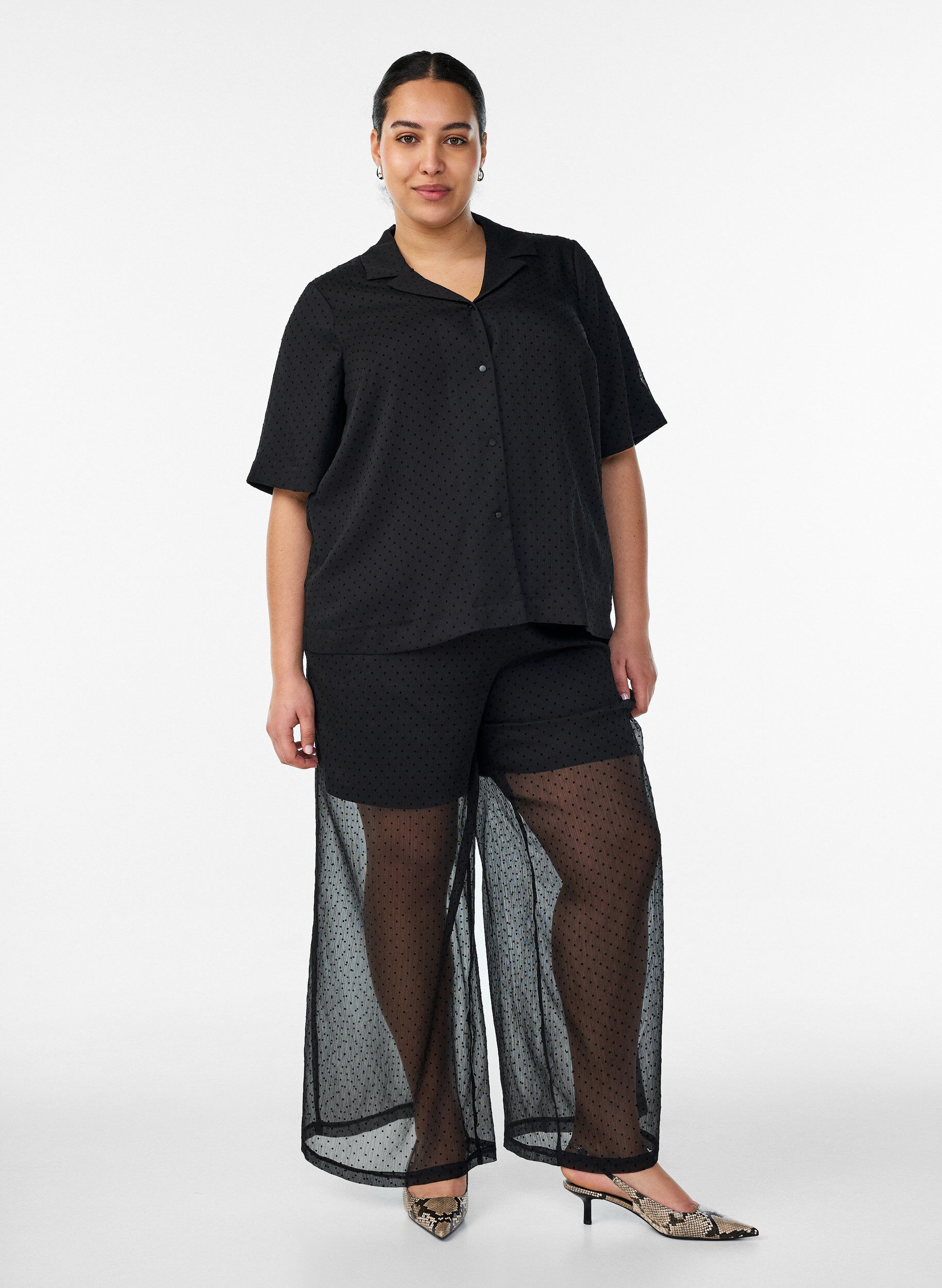 ZizzifashionPolka dot shirt blouse with lapels, Black, Model image number 1