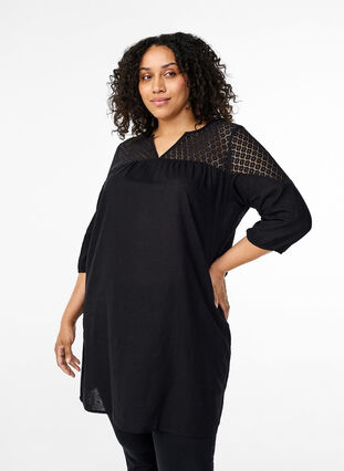 Dress in a cotton blend with linen and crochet detail, Black, Model image number 0