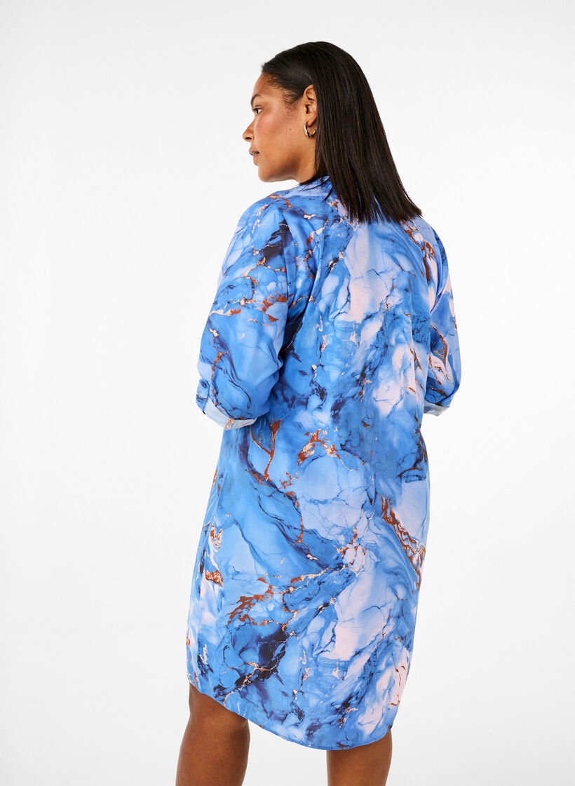 Viscose shirt dress with marble print, Palace Blue AOP, Model image number 1