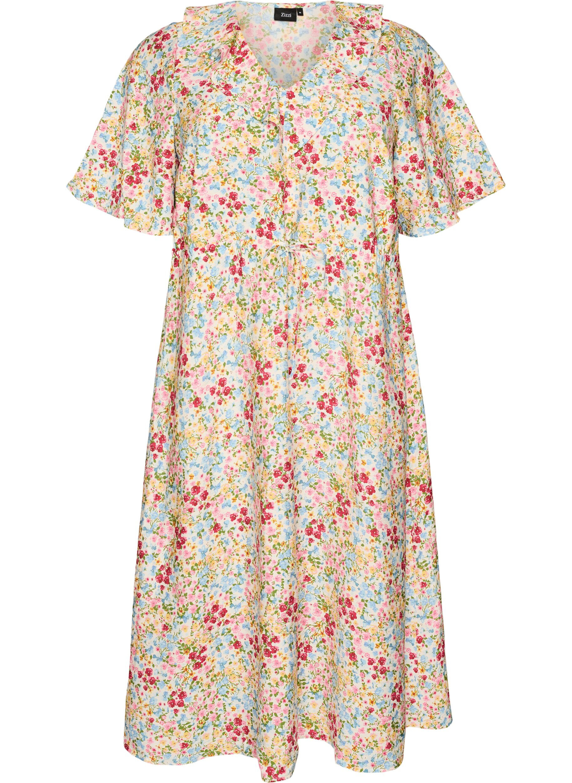Viscose midi dress with a floral print and ruffle collar