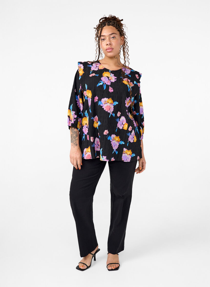 Floral blouse with round neck and zip, Black, Model image number 0
