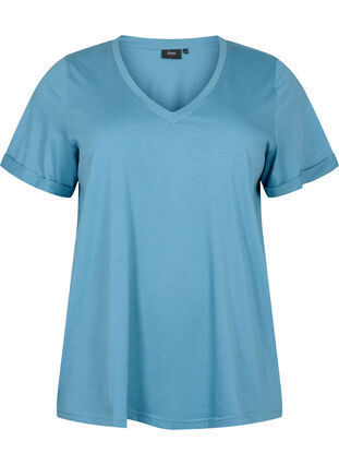 Cotton t-shirt with v-neck, Aegean Blue, Packshot image number 0