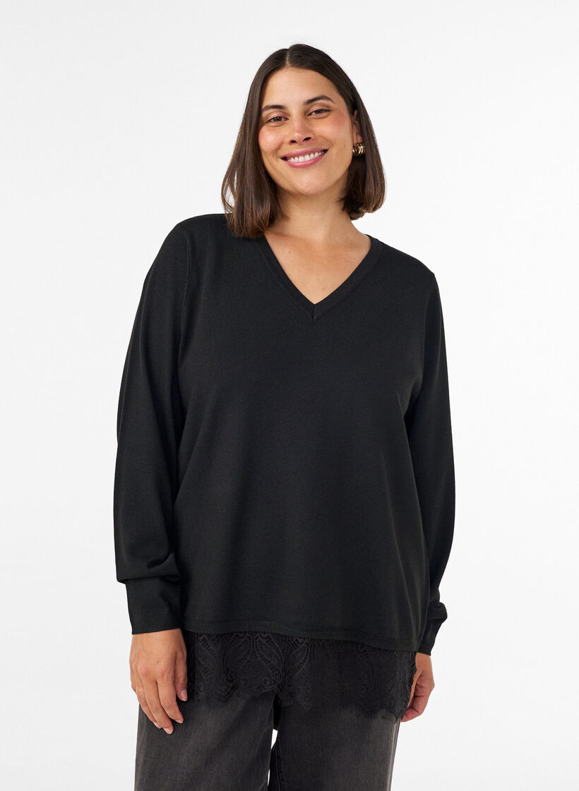 Knitted blouse with V-neck and lace trim, Black, Model image number 0