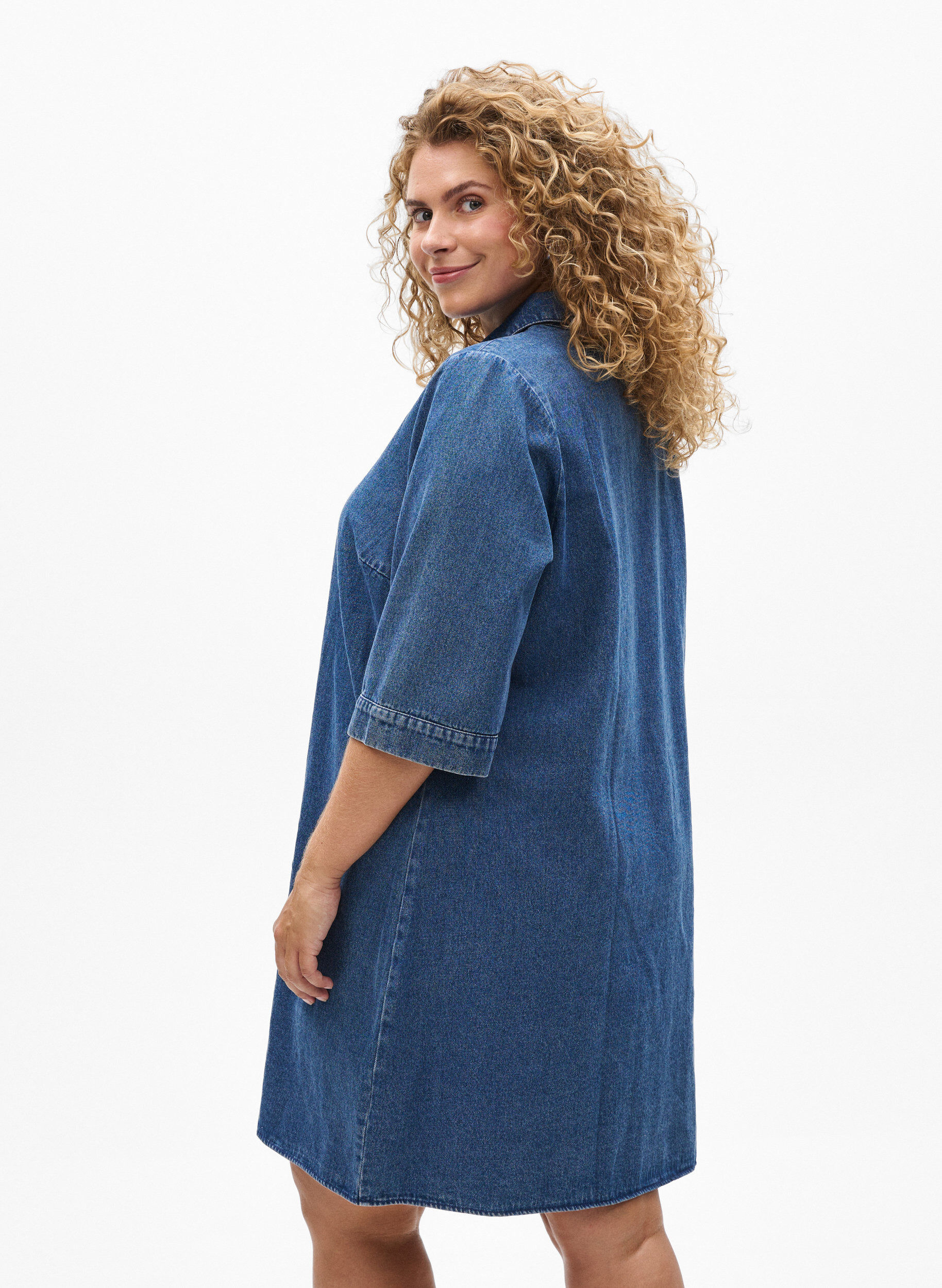 ZizzifashionShort denim dress with zipper and 3/4 sleeves, Blue, Model image number 2