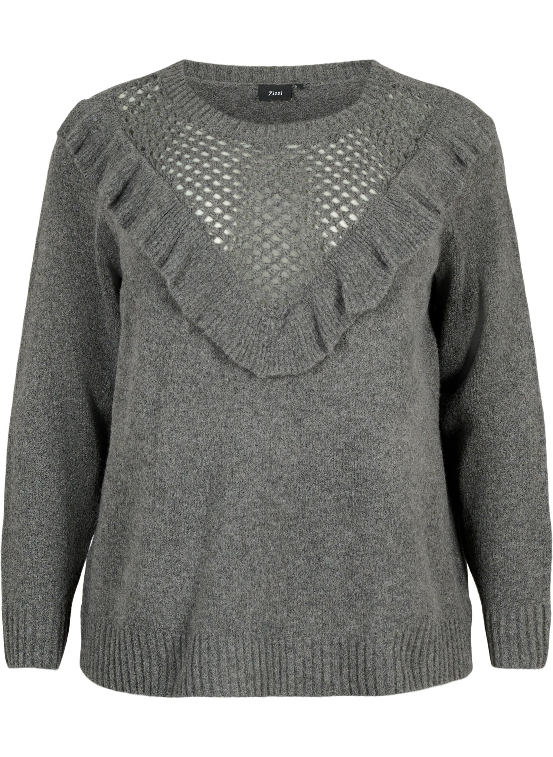 Zizzifashion Knitted wool sweater with ruffle detail, Dark Grey Melange, Packshot image number 0