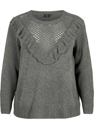 Knitted wool sweater with ruffle detail, Dark Grey Melange, Packshot image number 0