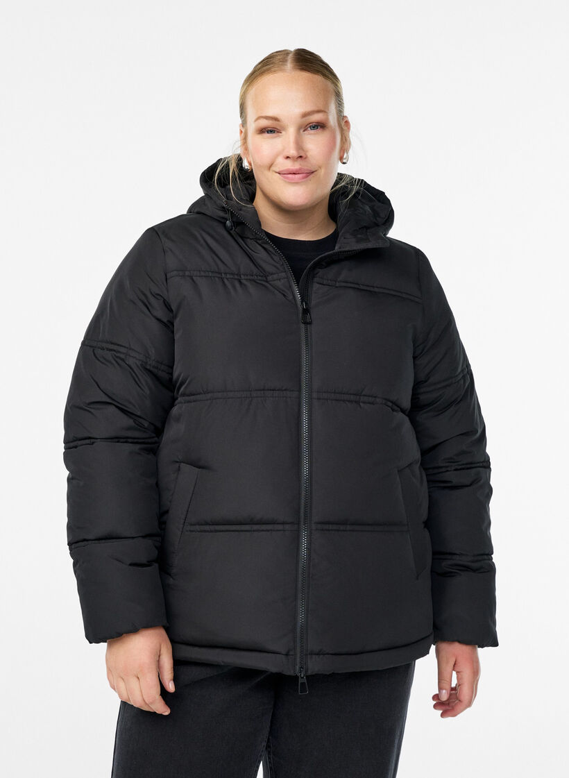 Short puffer jacket with a hood and two-way zipper, Black, Model image number 0
