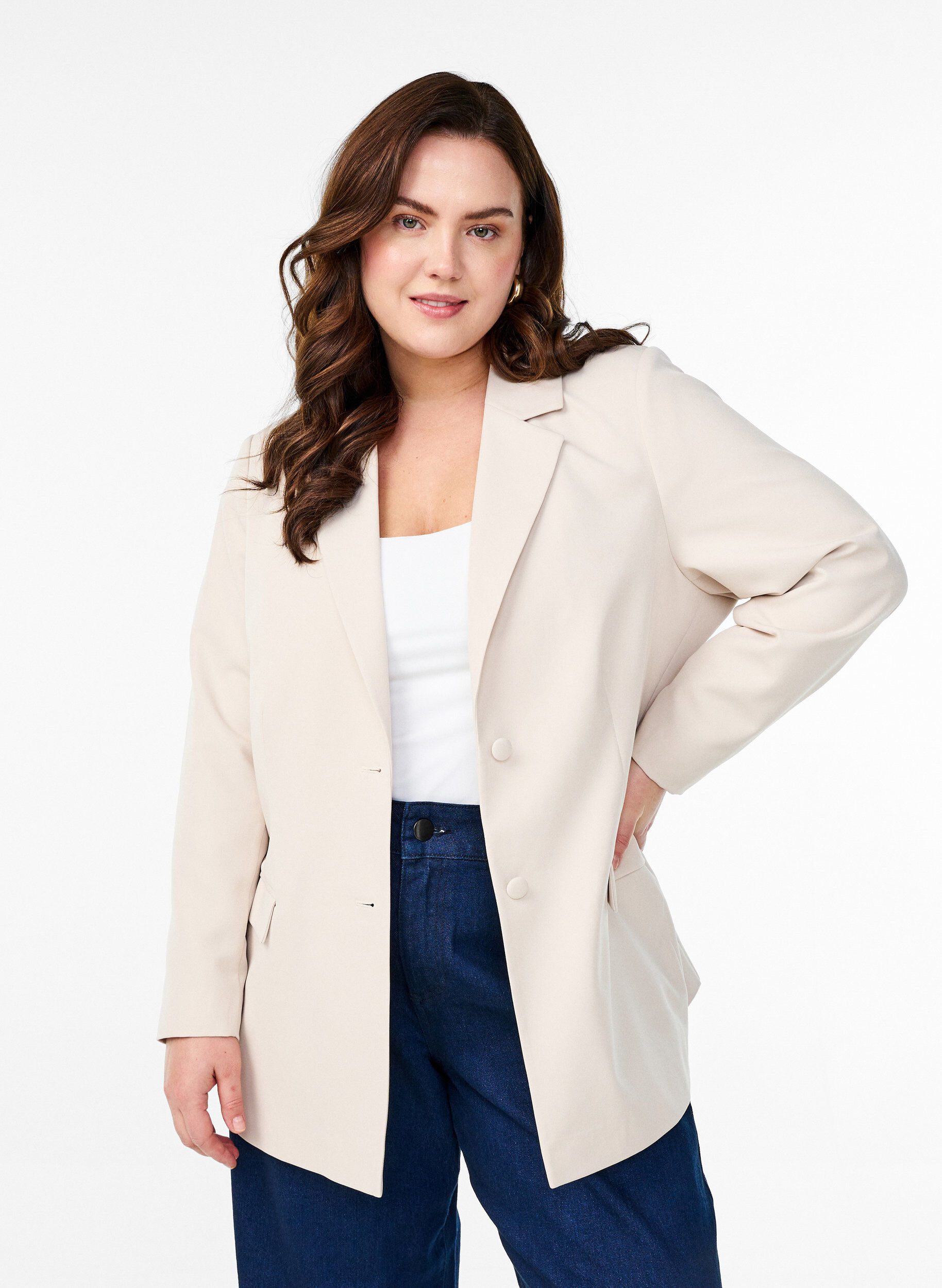 Zizzifashion Classic blazer with button closure, Beige, Model image number 0