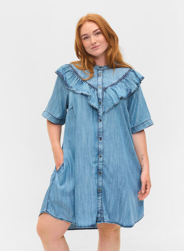 Short-sleeved ruffle denim dress, Blue denim, Model image number 0