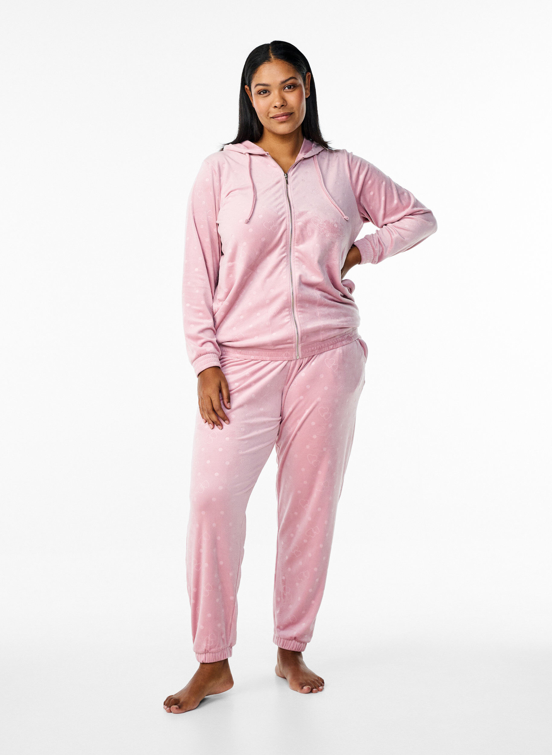 Zizzifashion Velour cardigan with hood and pockets, Pink, Model image number 1