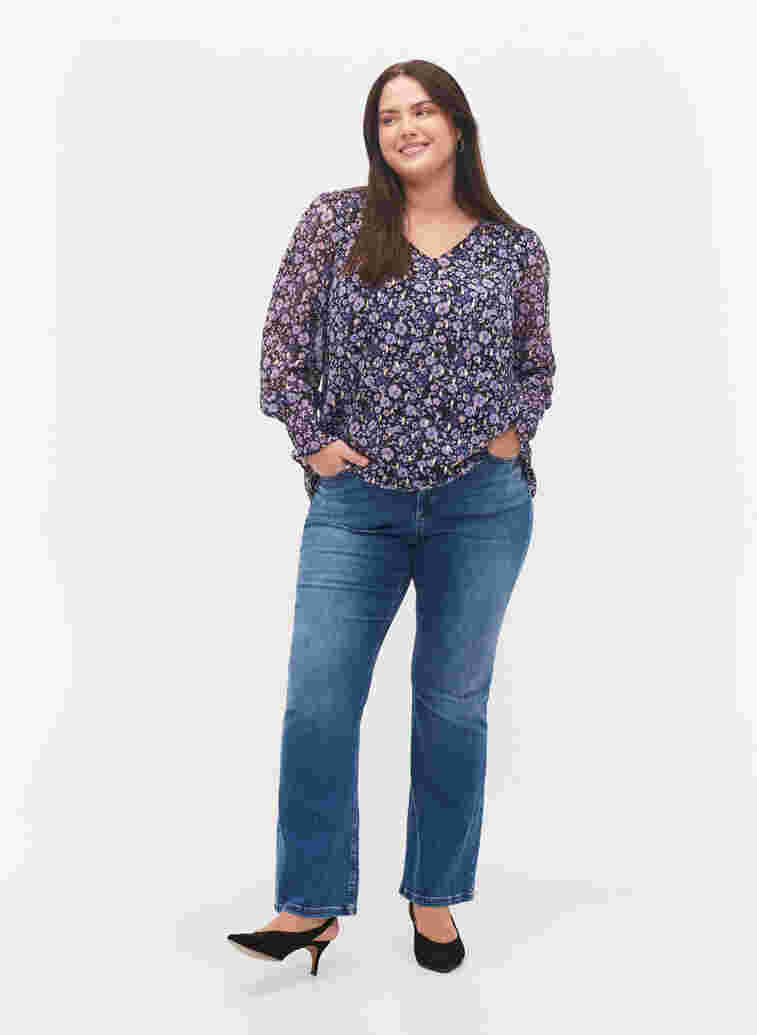Floral blouse with long sleeves and v neck, Purple Ditzy Flower, Model image number 2