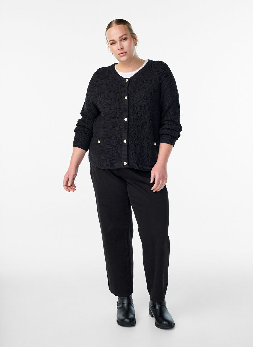 Cardigan with textured knit and decorative buttons, Black, Model image number 1