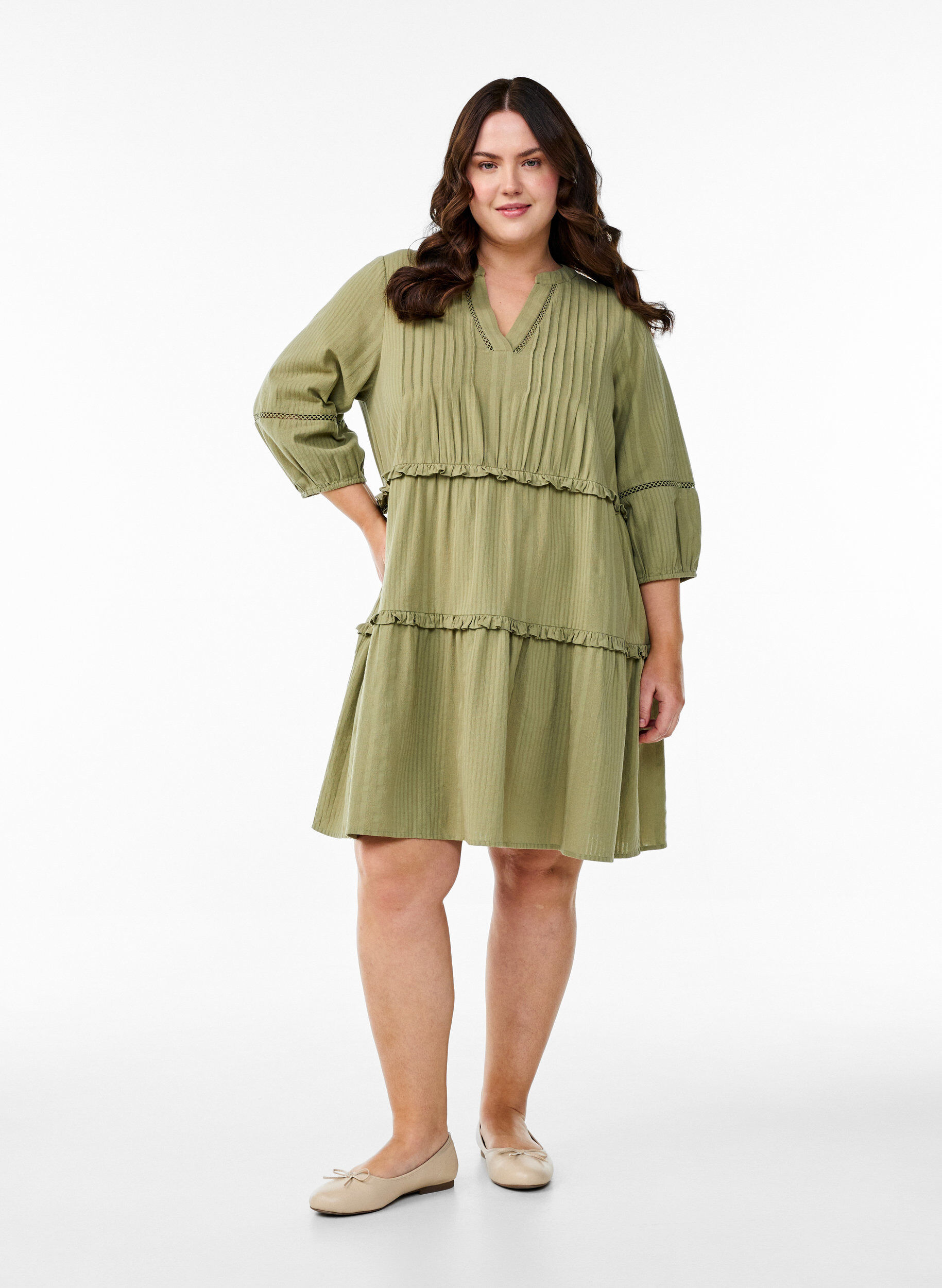 Zizzifashion 3/4 sleeve cotton dress with ruffles, Green, Model image number 1