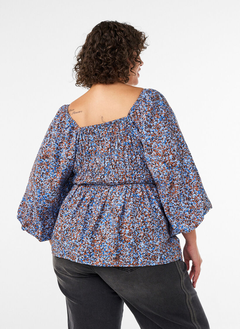 Blouse with smock and square neckline, Light Blue, Model image number 2