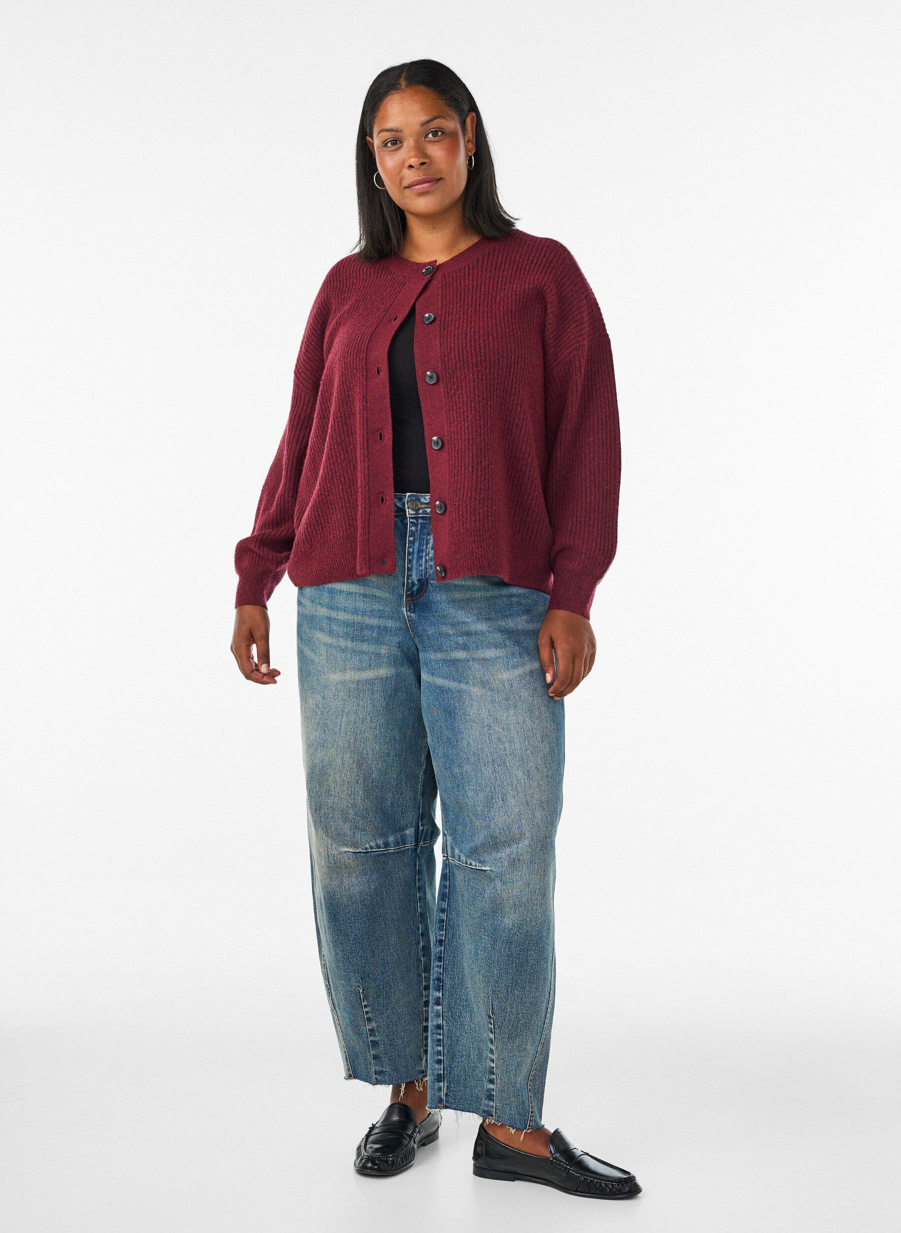 ZizzifashionRib knit cardigan with buttons, Red, Model image number 1