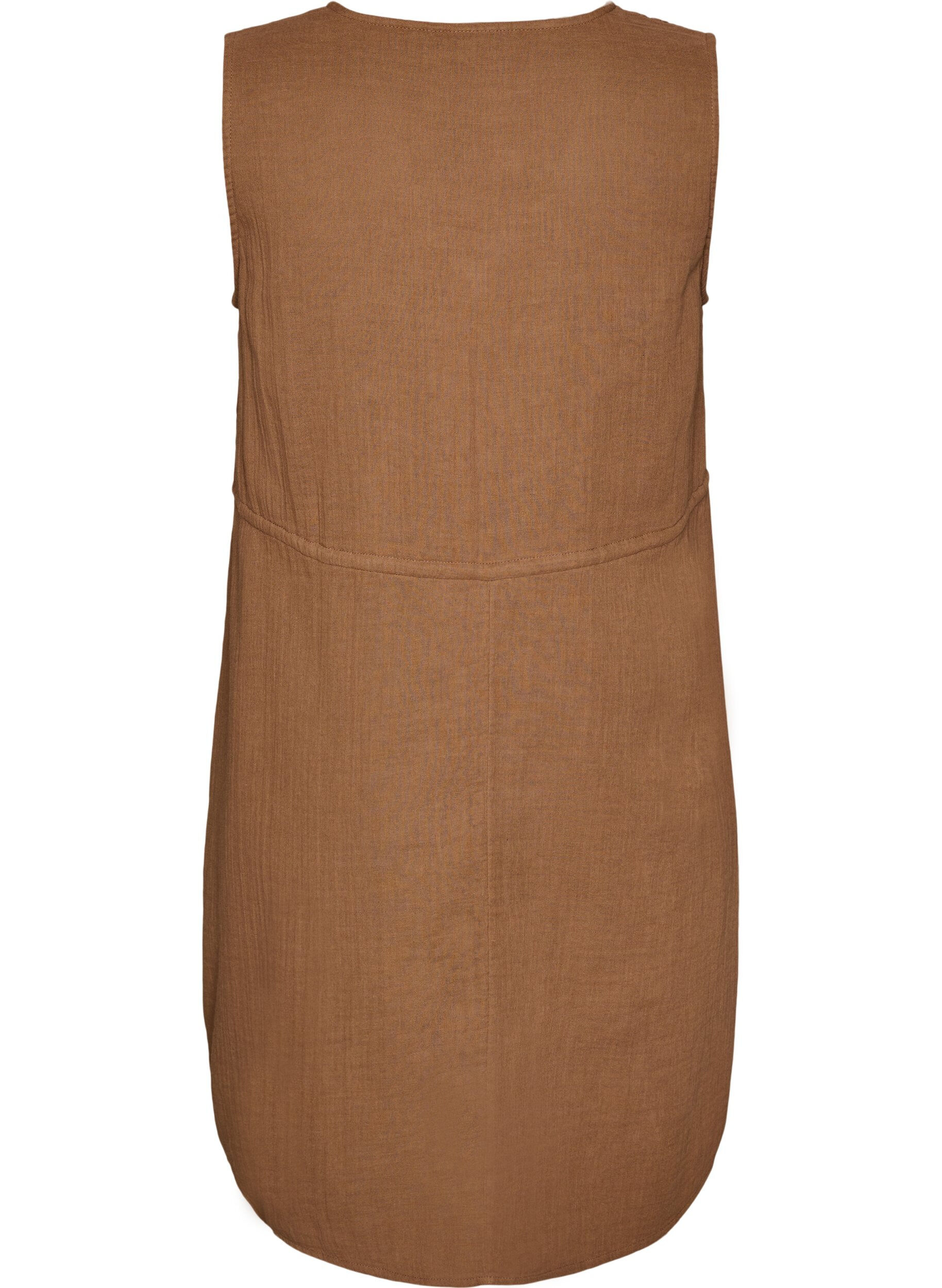 ZizzifashionSleeveless cotton muslin dress with tie string, Brown, Packshot image number 1