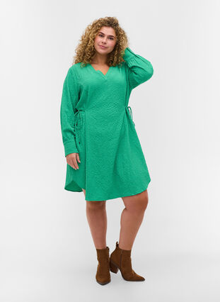 Long-sleeved dress with a v-neck and tie strings, Mint, Model image number 2