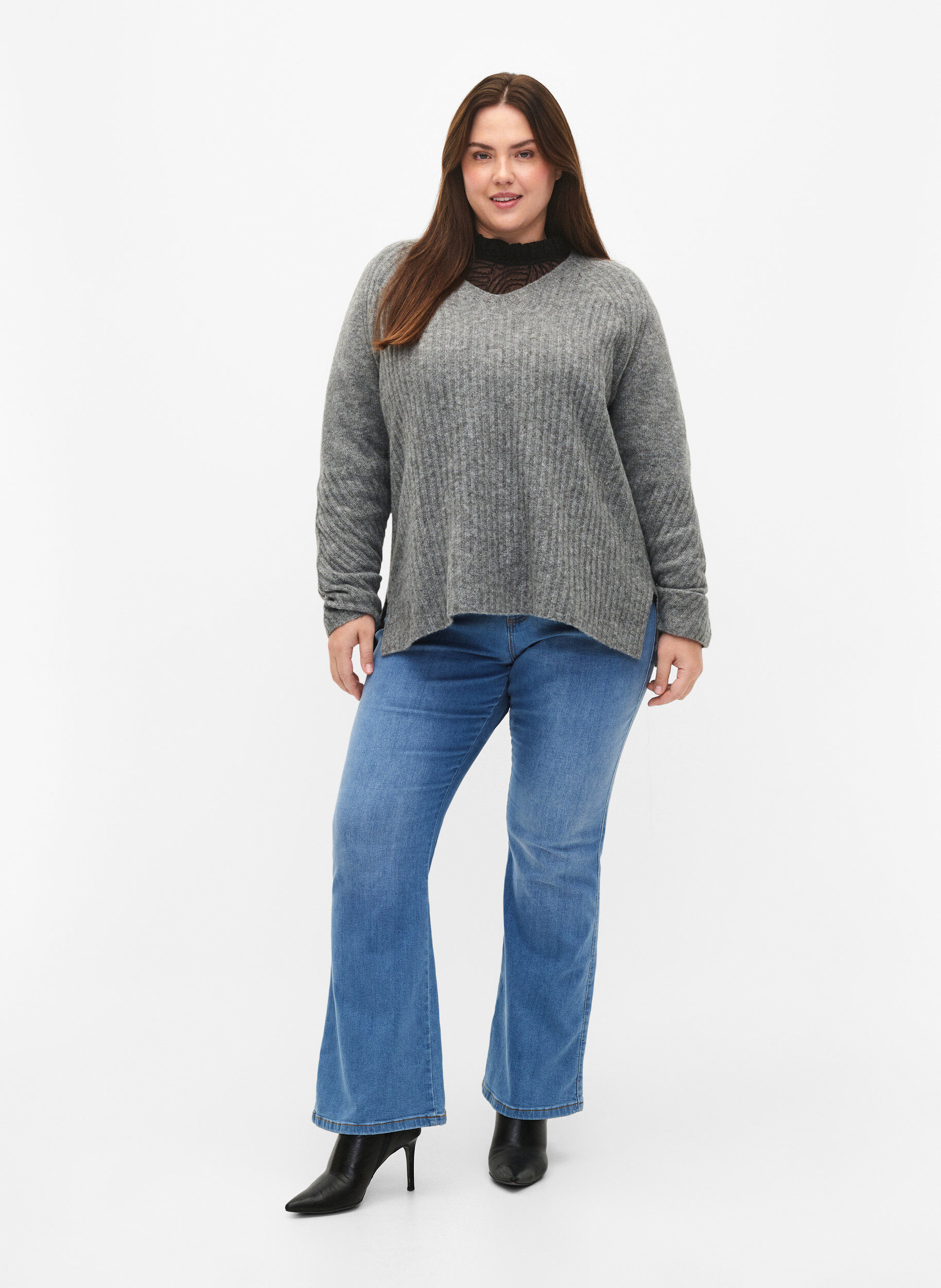 Zizzifashion Knit sweater with slit, Light Grey Melange, Model image number 2
