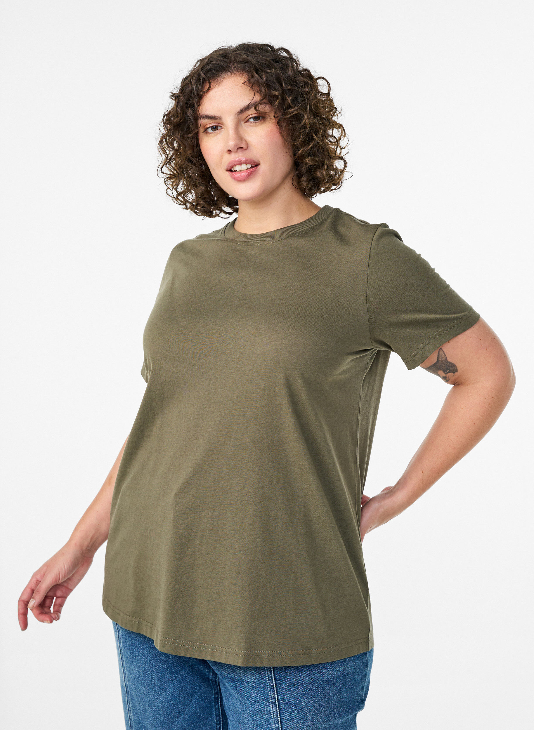 Zizzifashion Basic cotton T-shirt with round neck, Green, Model image number 0