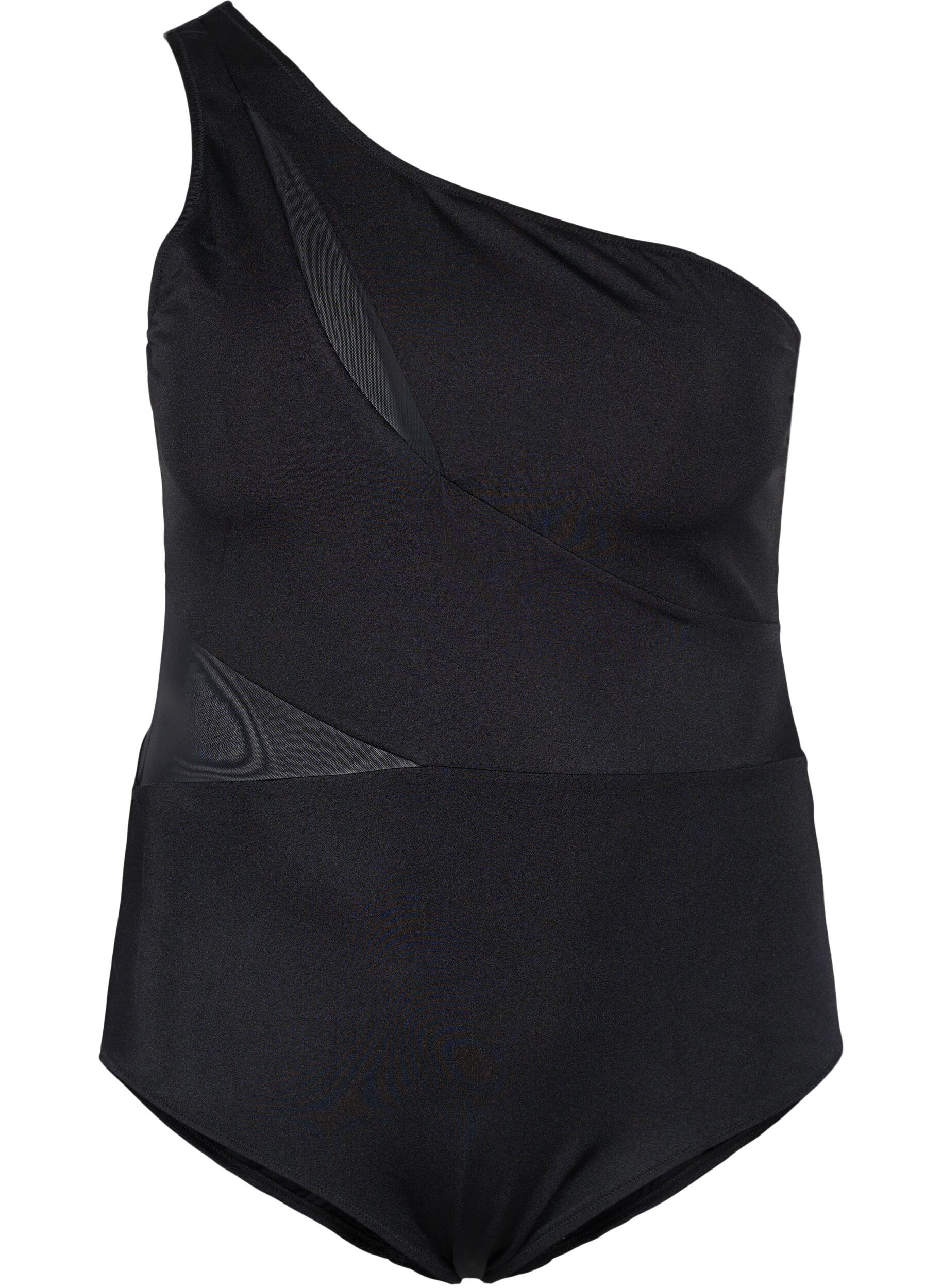 Zizzifashion One-shoulder swimsuit with mesh, Black, Packshot image number 0