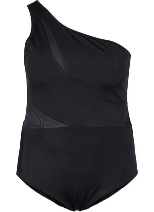 One-shoulder swimsuit with mesh, Black, Packshot image number 0