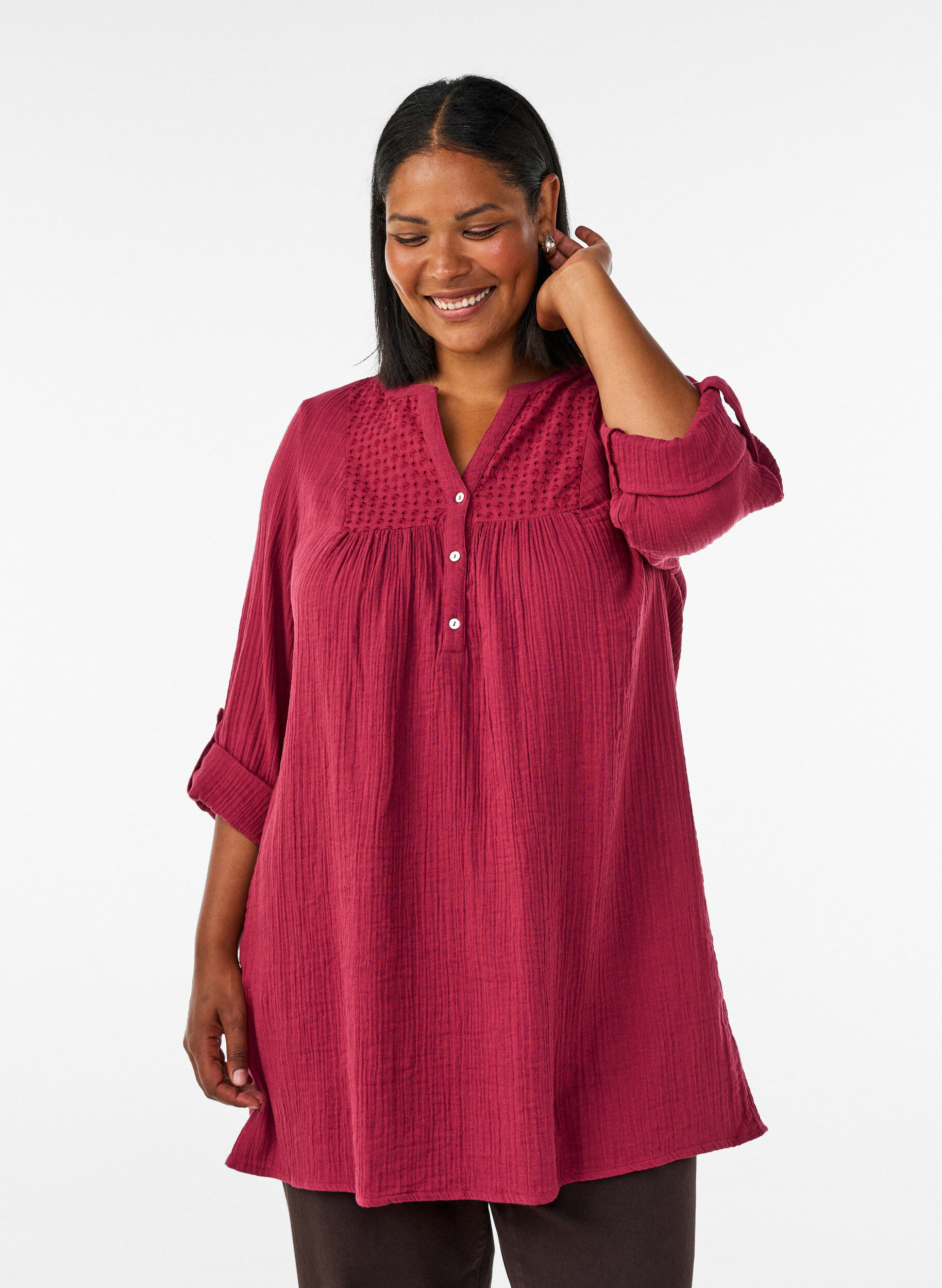 ZizzifashionCotton muslin tunic with broderie anglaise, Red, Model image number 0