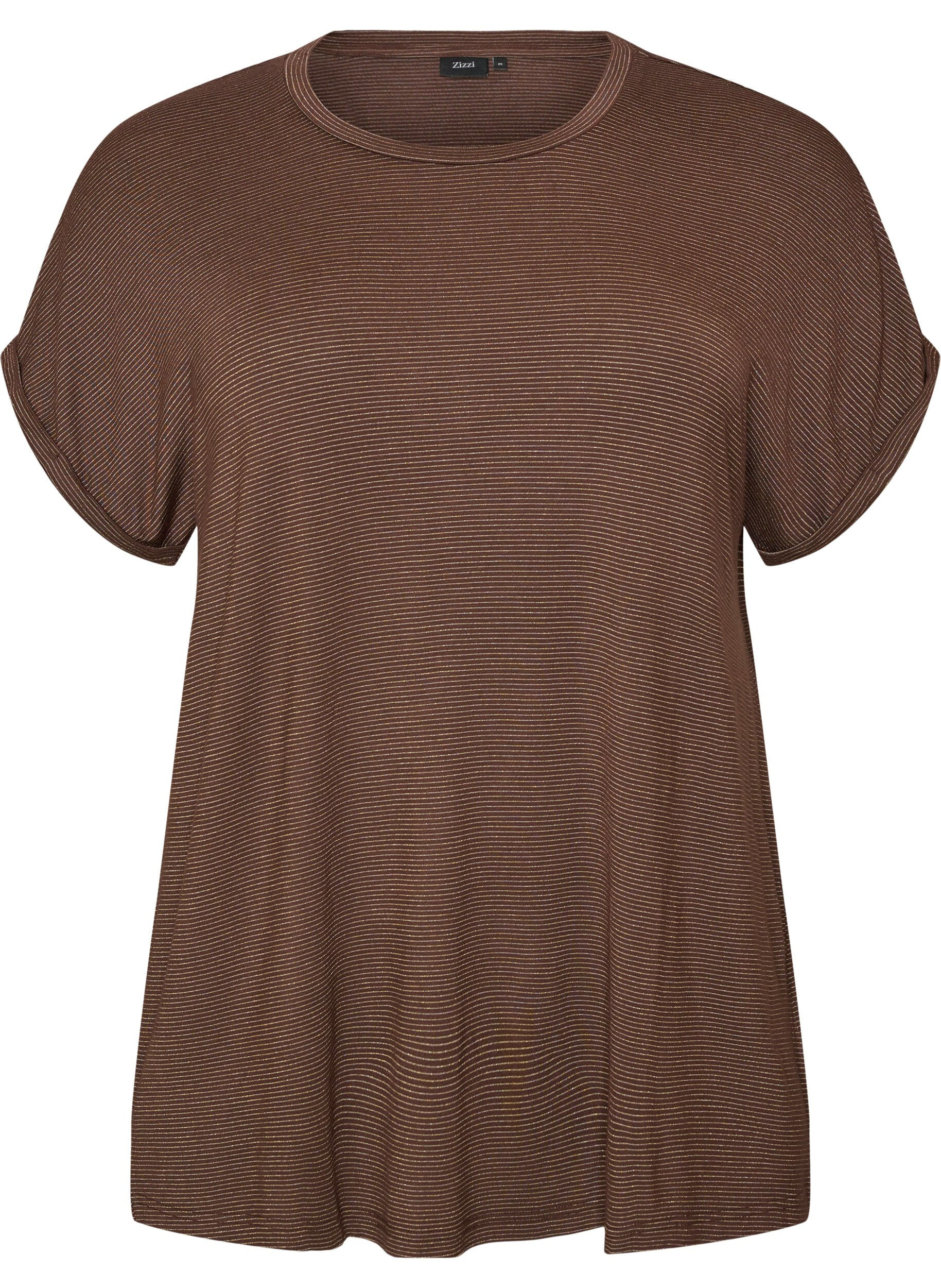 ZizzifashionViscose T-shirt with glitter stripes, Brown, Packshot image number 0