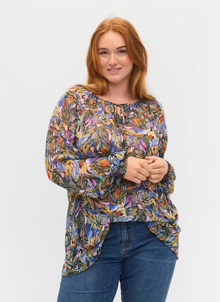Long-sleeved blouse with tie string at the neckline , Vibrant Leaf, Model image number 0