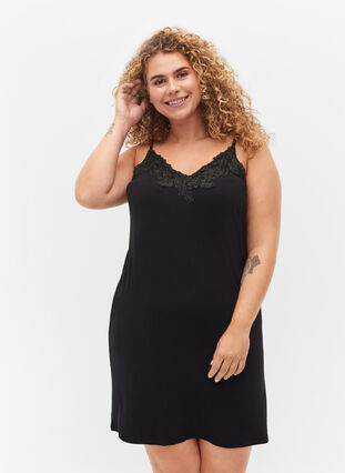 Viscose nightie with lace, Black, Model image number 0