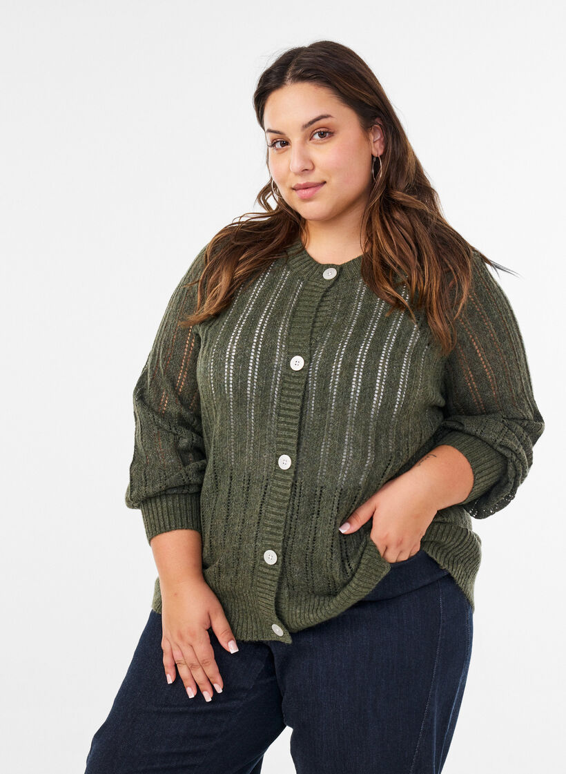 Knitted cardigan with openwork pattern, Green, Model image number 0
