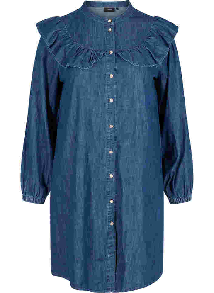 Ruffled denim dress with embellished buttons, Dark blue denim, Packshot image number 0