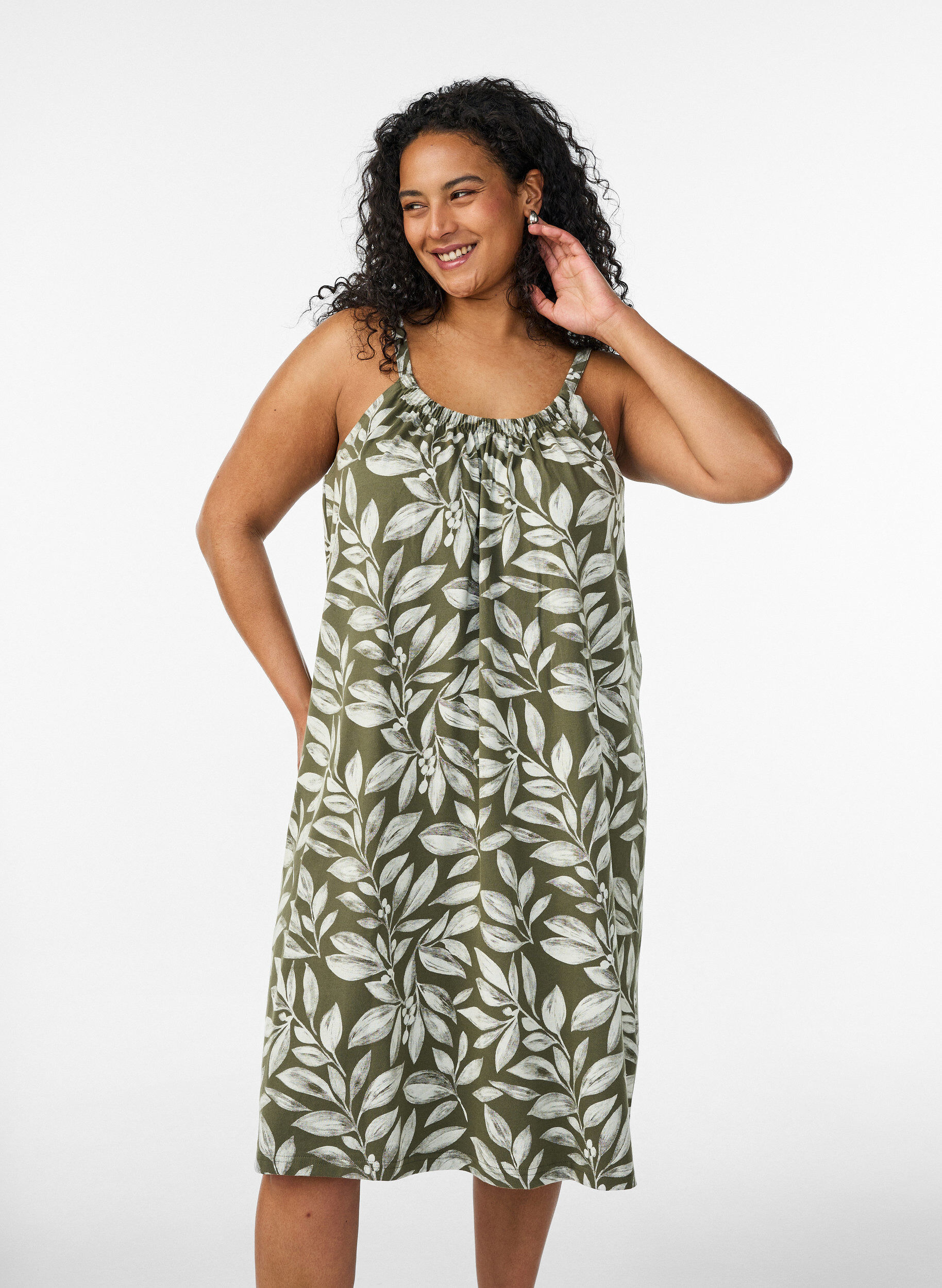 ZizzifashionKnee-length strap dress in organic cotton, Green, Model image number 0