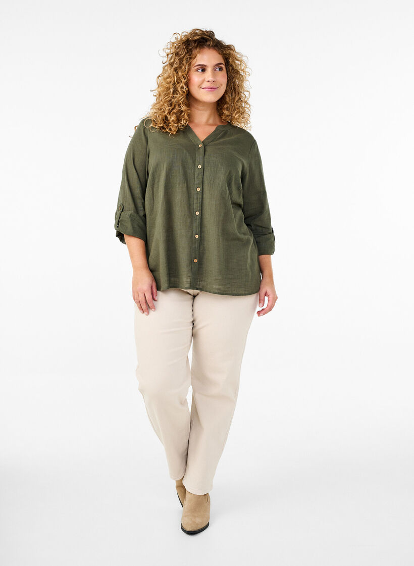 Cotton shirt blouse with a v-neck, Green, Model image number 1