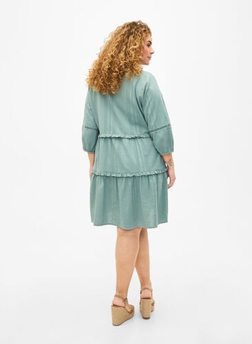 3/4 sleeve cotton dress with ruffles, Chinois Green, Model image number 1