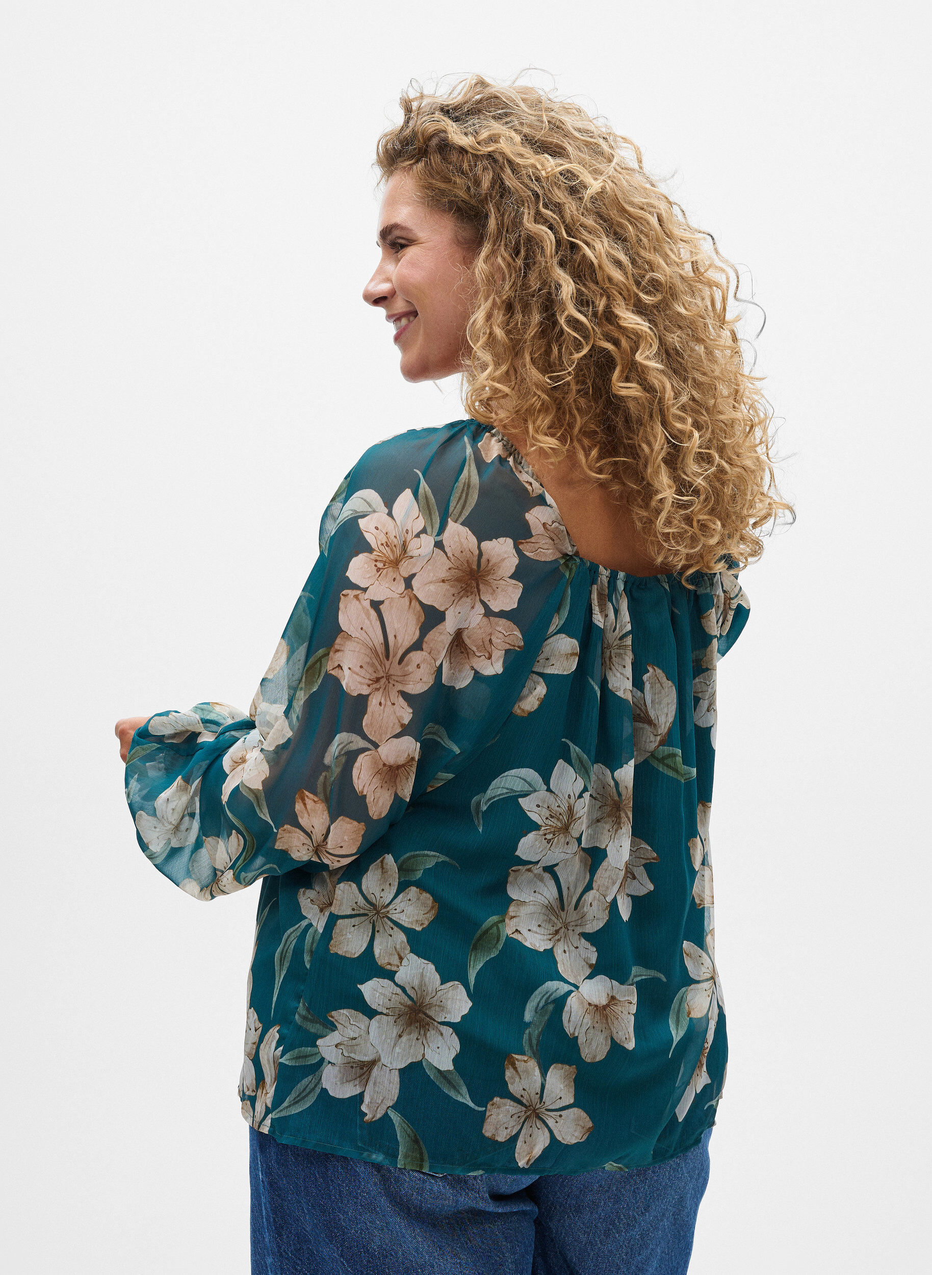 ZizzifashionChiffon blouse with floral print and long sleeves, Green, Model image number 2