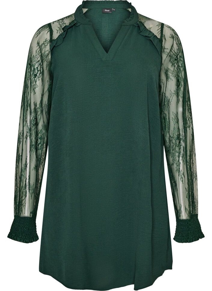 Tunic with sheer lace sleeves, Green, Packshot image number 0