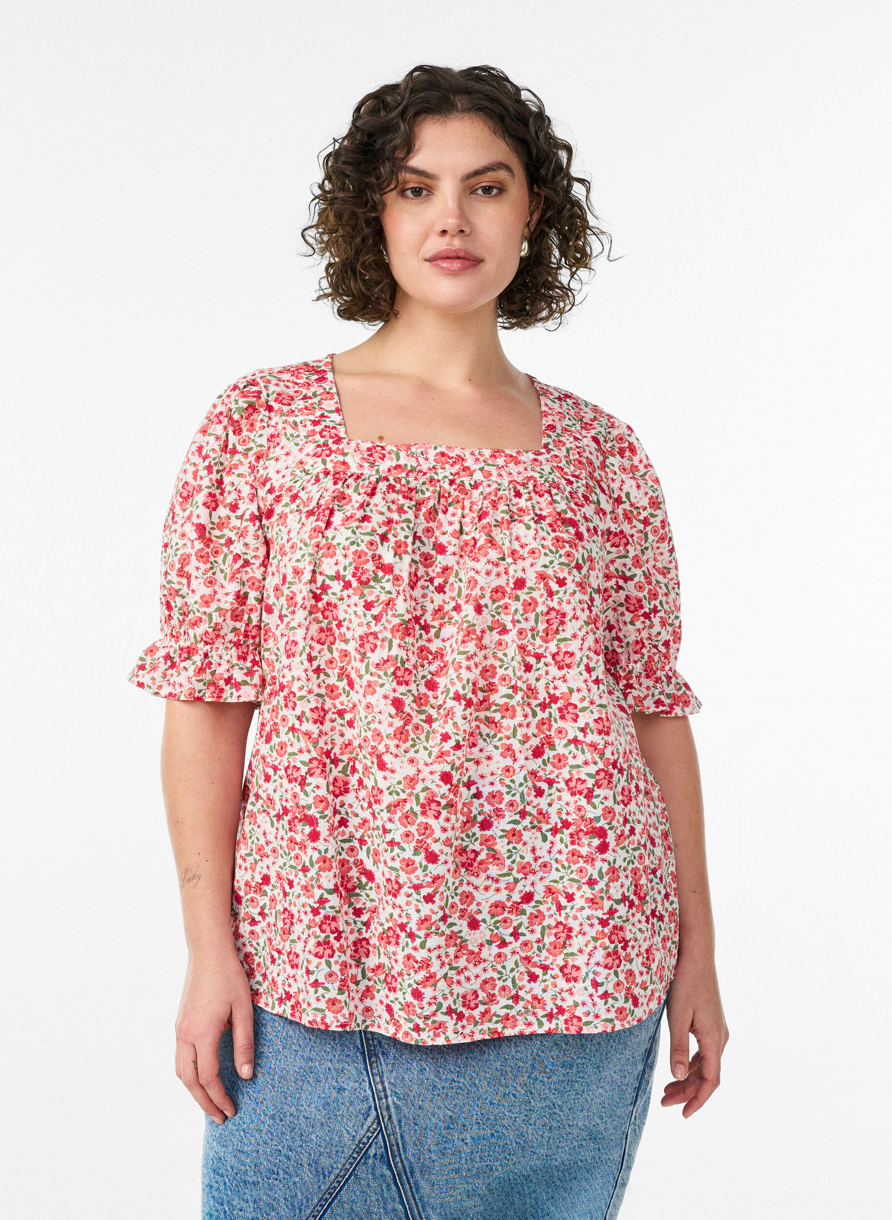 ZizzifashionCotton blouse with a square neckline, Red, Model image number 0