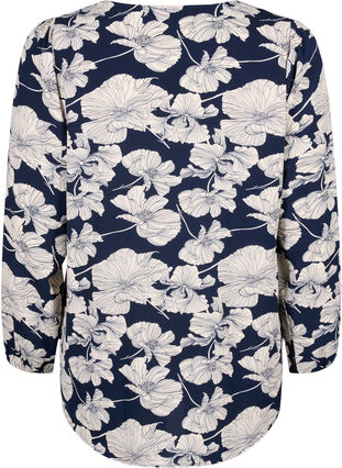 Shirt blouse with v-neck and print, Navy B. Flower AOP, Packshot image number 1