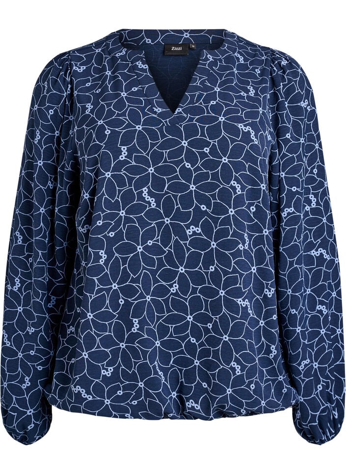 Long-sleeved blouse with floral embroidery, Blue, Packshot image number 0