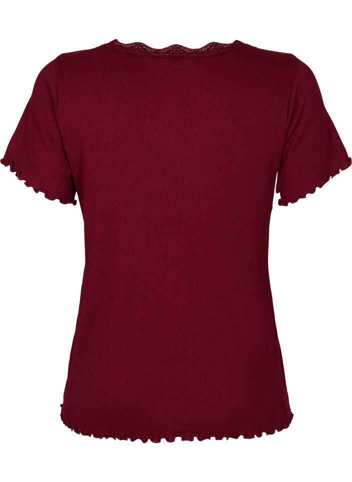 Short-sleeved pyjama top with lace trim, Cabernet, Packshot image number 1