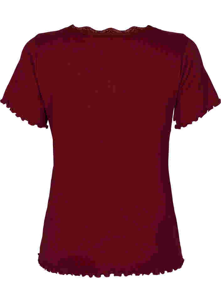 Short-sleeved pyjama top with lace trim, Cabernet, Packshot image number 1