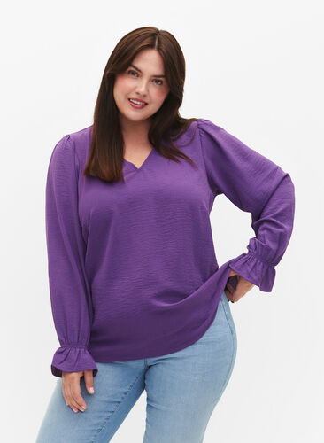 V-neck blouse with long sleeves, Pansy, Model image number 2