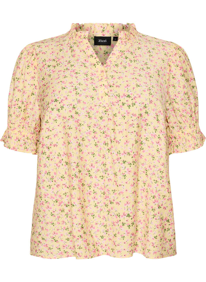 Floral viscose blouse with short sleeves and a ruffle collar, Yellow, Packshot image number 0
