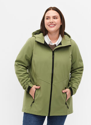 Short softshell jacket with pockets, Oil Green, Model image number 0