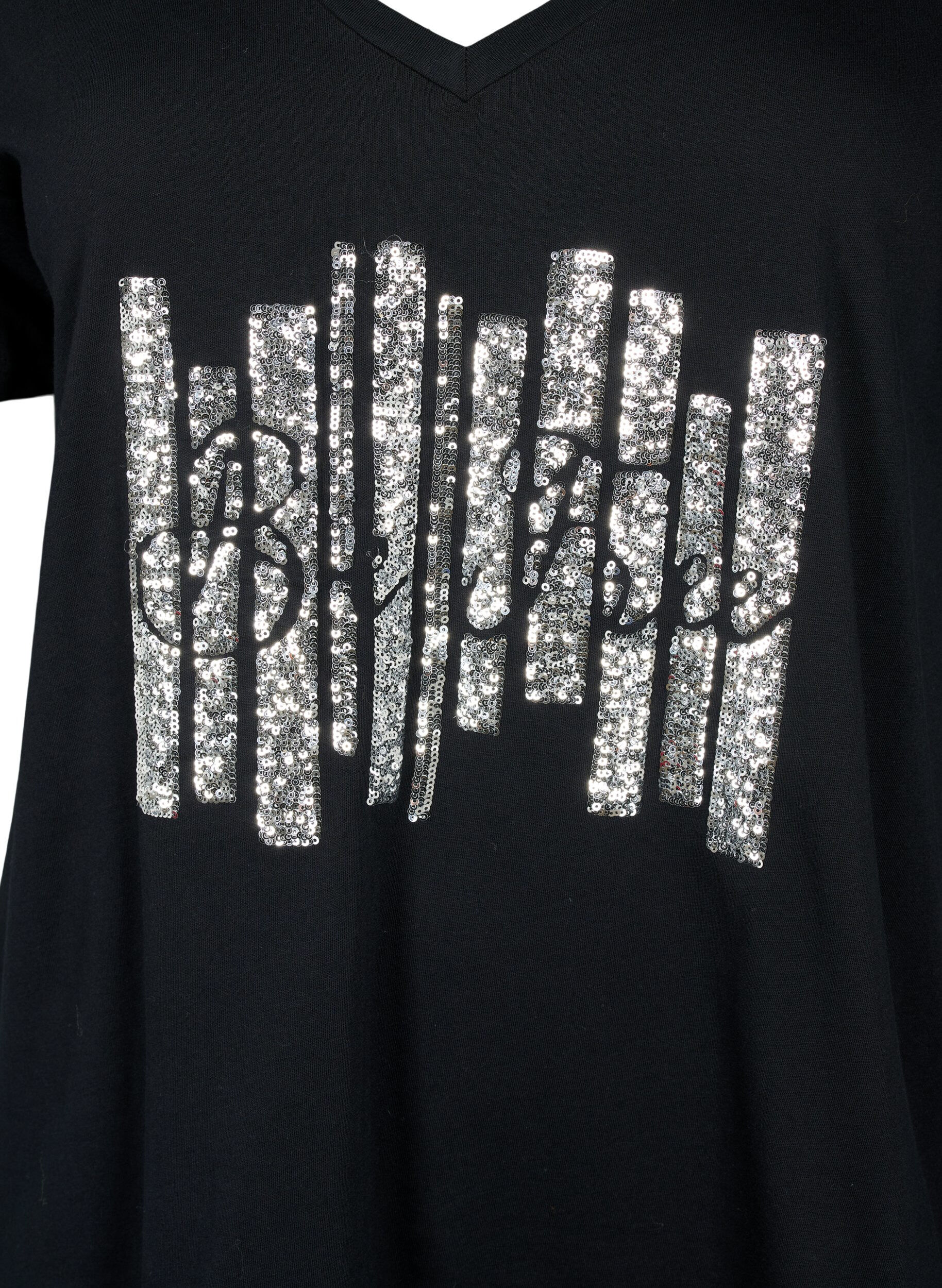 Zizzifashion Cotton t-shirt with sequins, Black W. Be free, Packshot image number 2