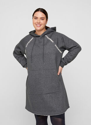 Sweat dress with hood and pocket, Dark Grey Melange, Model image number 0