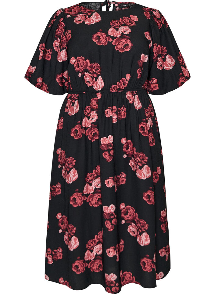 Midi dress with rose print and short balloon sleeves, Black, Packshot image number 0