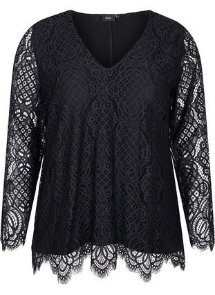 Long-sleeved lace blouse with v-neck, Black, Packshot image number 0