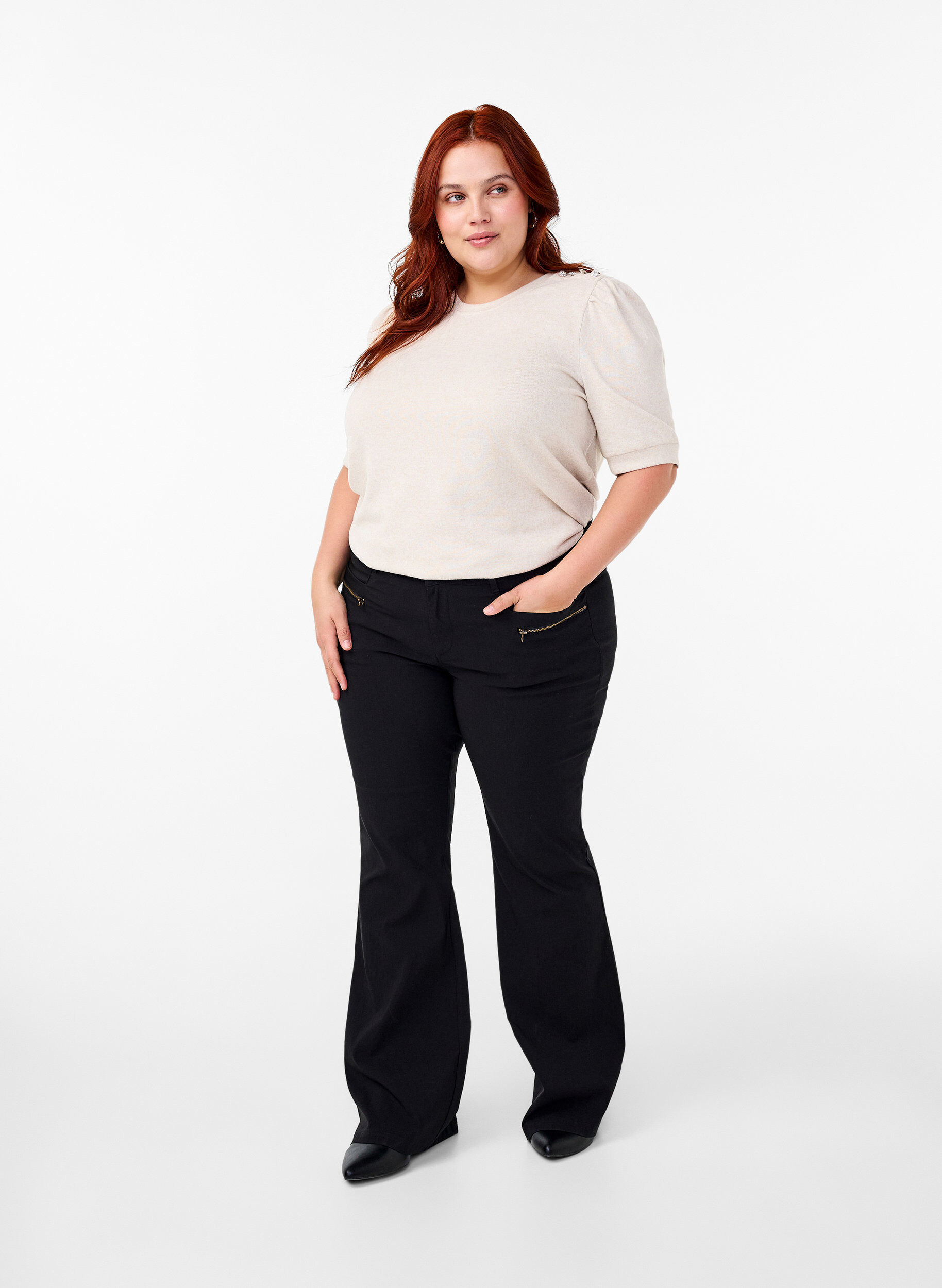 Zizzifashion Blouse with button detail and short puff sleeves, Beige, Model image number 1